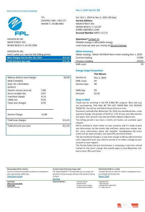 USA Florida FPL electricity business utility bill Word and PDF formats, version 2